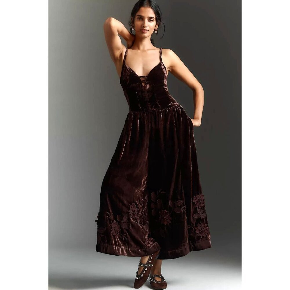By Anthropologie 3D Floral Velvet Jumpsuit Brown 8